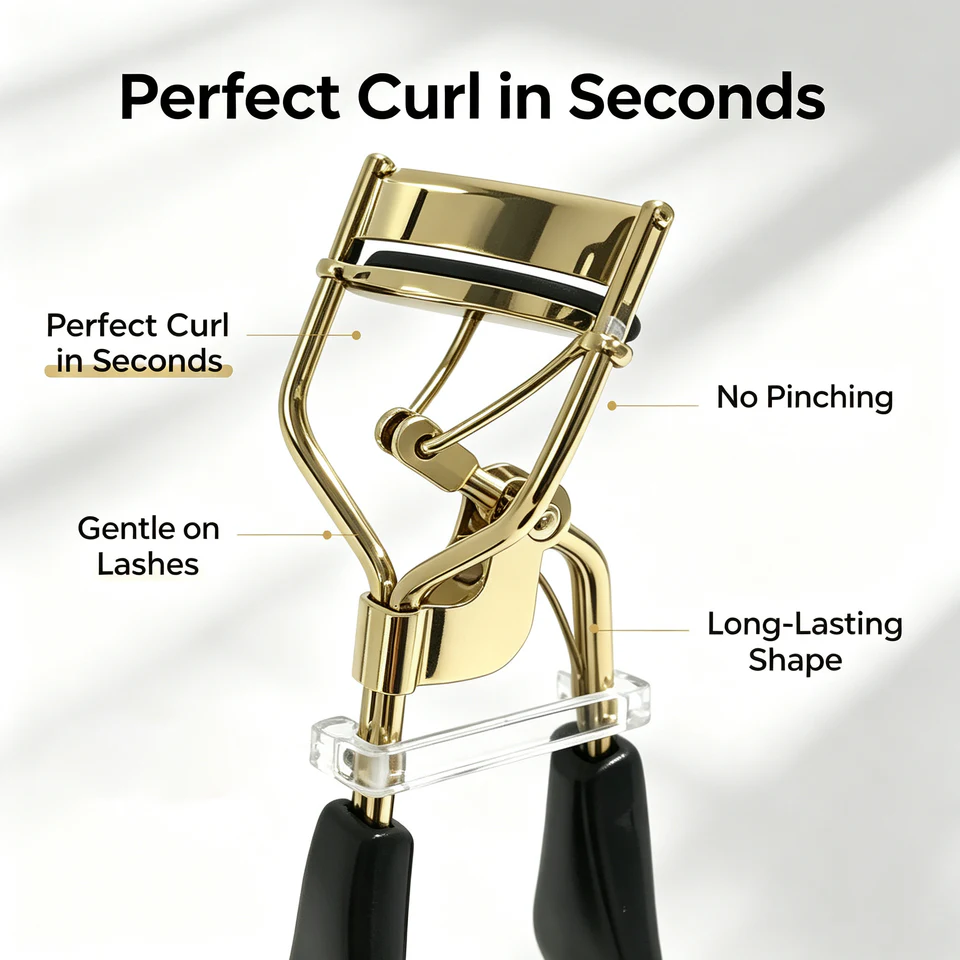 Gold-tone eyelash curler with feature annotations